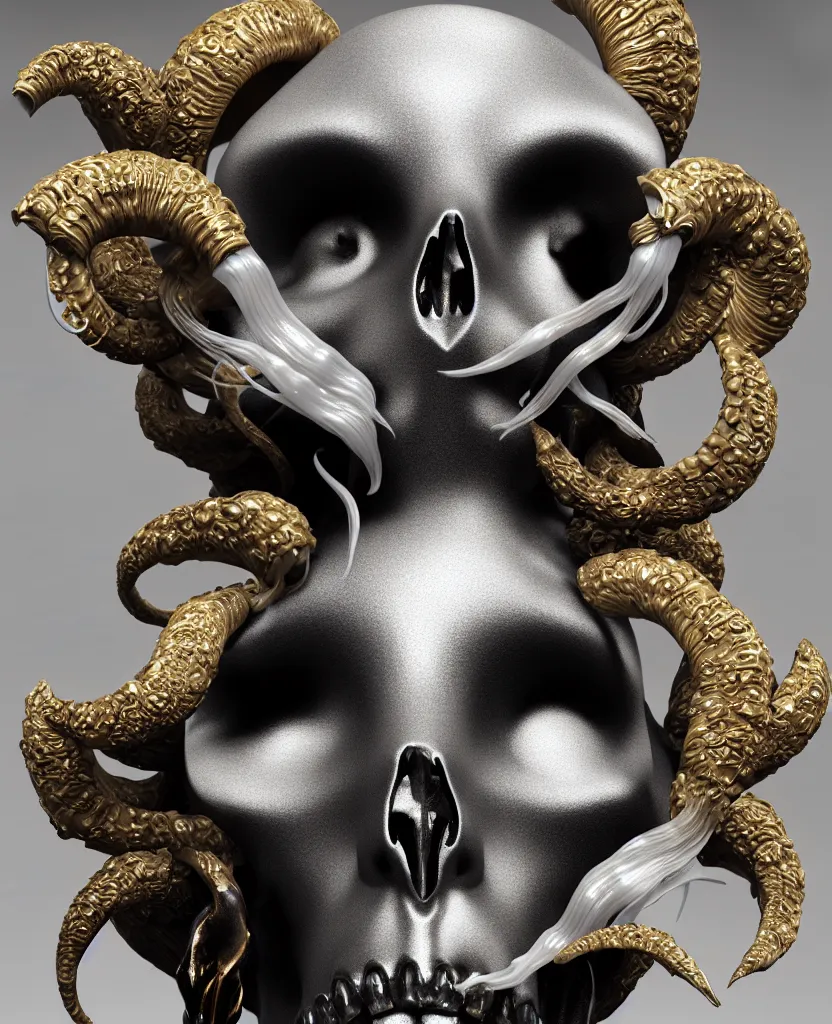 Prompt: goddess princess face close-up portrait ram skull. sculpture made of polished gold and matte black stone. jellyfish phoenix head, nautilus, orchid, skull, betta fish, bioluminiscent creatures, intricate artwork by Tooth Wu and wlop and beeple. octane render, trending on artstation, greg rutkowski very coherent symmetrical artwork. cinematic, hyper realism, high detail, octane render, 8k