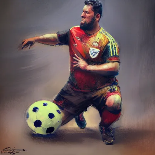Prompt: A realistic hyperdetailed multi-colored digital oil full body portrait painting of an obese goal keeper on his knees holding a soccer ball up to the sky in the style of Guy Denning, Ruan Jia, and Craig Mullins. Trending on ArtStation and DeviantArt. CGSociety Digital art.
