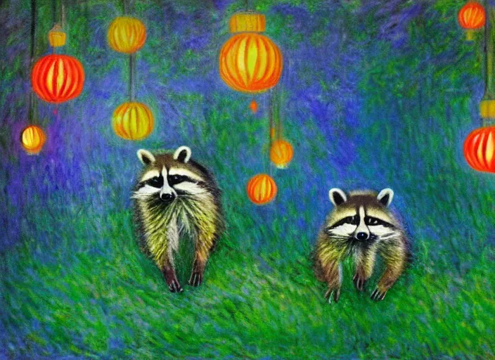 Image similar to painting of raccoon! with colorful paper lanterns in a forest at night, in the style of Claude Monet