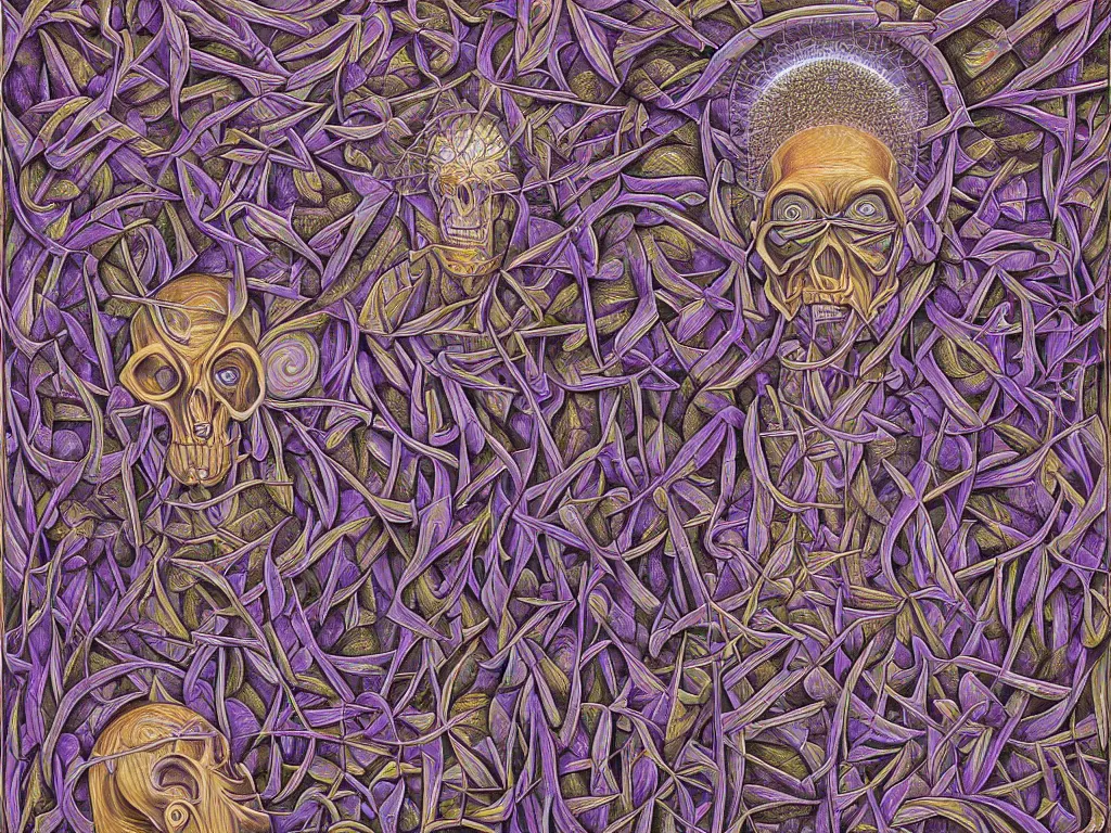 Image similar to expression of mind-matter interaction through death by Alex Grey and M. C. Escher collaboration, digital painting, Groundcore