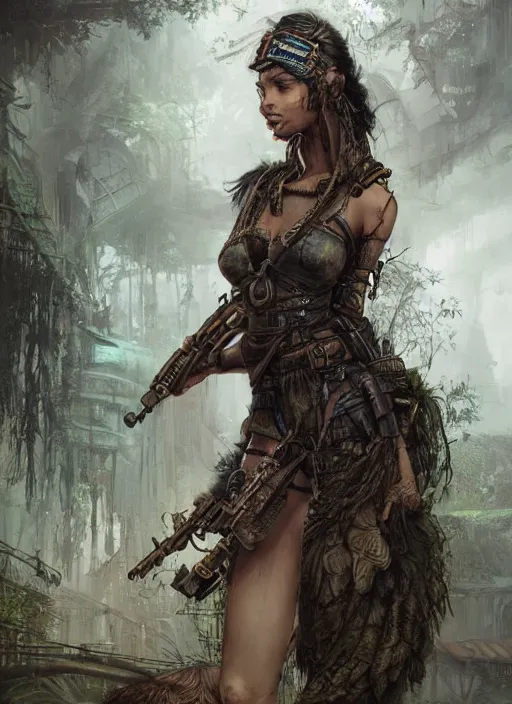 Image similar to portrait of a young very beautiful cute tribal woman with a steampunk gun, in a post apocalyptic city overgrown with lush vegetation, by Luis Royo, by Greg Rutkowski, dark, gritty, intricate, head space, cover illustration, concept art, volumetric lighting, volumetric atmosphere, octane render, trending on artstation, 8k