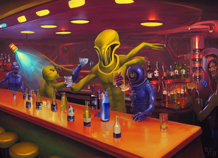 Image similar to crowded dive bar on a space station. an alien bartender serves a drink to a drunk human. painting by dan volbert and mandy jurgens and deiv calviz and lim chuan shin