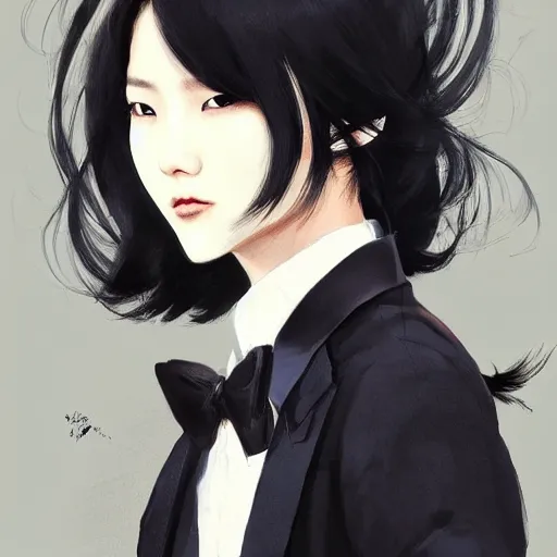 Prompt: portrait of a beautiful korean girl wearing a men's tuxedo, with bangs, very long hair and bangs, angular features, angry expression, dramatic lighting, illustration by Greg rutkowski, yoji shinkawa, 4k, digital art, concept art, trending on artstation