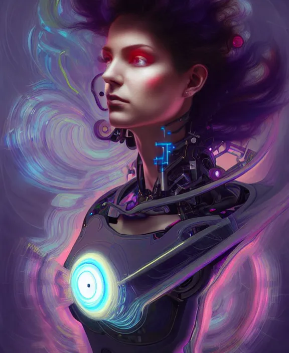 Image similar to a whirlwind of souls rushing inside the metaverse, hologram, half body, neurochip, shaved temple, piercing, jewelry, android, cyborg, cyberpunk face, by loish, d & d, fantasy, intricate, elegant, highly detailed, colorful, digital painting, artstation, concept art, art by artgerm and greg rutkowski and alphonse mucha