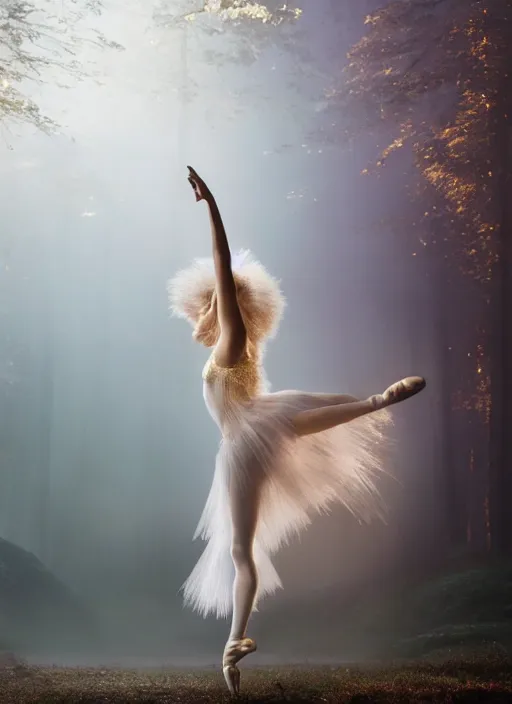 Prompt: cinematic forest lighting, beauteous practical sumptuous ballerina dancing in volumetric soft glowing mist, elegant pose, white pearlescent, chrome, iridescent titanium, crystal, liquid gold, copper, bronze, crystalline masterpiece incrustations, hyperdetailed metalwork movie still, octane render, unreal engine, crepuscular rays,