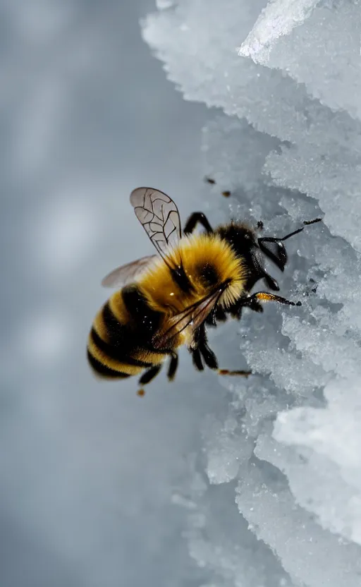 Prompt: a bee and a flower under a layer of ice and snow, beautiful macro photography, ambient light