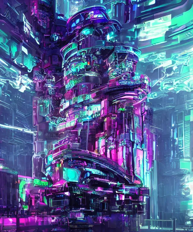 Image similar to majestic cyborg princess, futuristic castle, cyberpunk, neon lights, metal throne