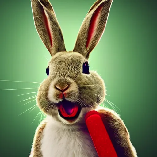 Prompt: a rabbit singing into a microphone, green and pink and red lights, photorealistic