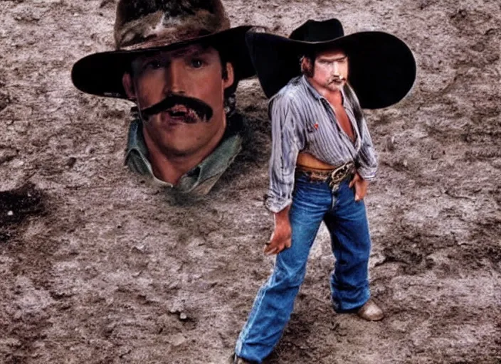 Image similar to a cowboy wearing a disguise while he sinks into a tar pit wide shot, from the hit 9 0 s tv show