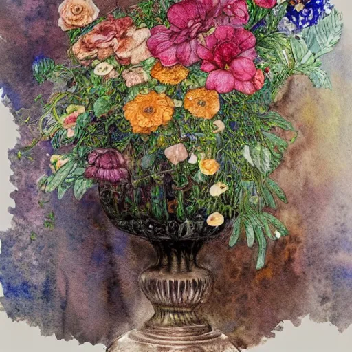 Image similar to a beautiful intricate watercolor illustration of a victorian livingroom flowers, leaves, 4 k, ultra - wide angle, by william turner, by gustav klimt, hd, trending on artstation, hyper detailed, muted intense colors