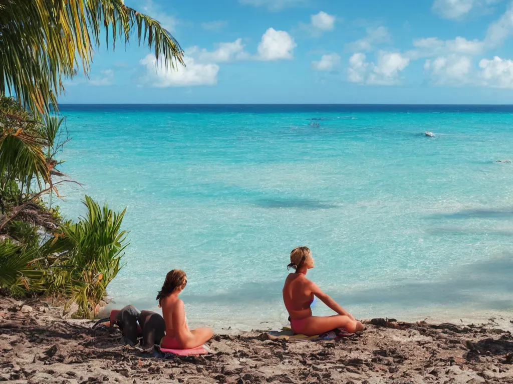 Image similar to a woman on beach on a tropical island with a beautiful ocean view, sitting next to an elephant