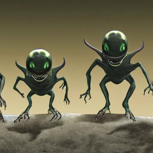 Prompt: These aliens are a type of mammal. They have two arms and six legs, with a long, thick tail. They have six eyes which sit gracefully in their sockets and can often make them appear to be agitated. Their eyesight is excellent. Their small mouths and huge noses often make these aliens appear to be distant, but looks can be deceiving. Their ears are large and their hearing is a bit poor. They also have small horns on their hands. Their skin is smooth, elastic and quite strong. It's covered lightly in tiny hairs. Their skin colors are mostly brown and light silver, which tend to become faded as they age. The males are usually bigger than their female counter part and their colors are more varied. The females, however, are usually more gracious.