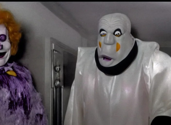 Image similar to film still of ronald mcdonald and grimace in a 1 9 8 0 s horror movie