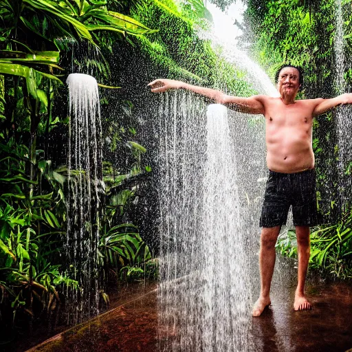 Image similar to 4 k hdr full body wide angle sony portrait of two ronald reagans showering in a tropical bali jungle shower with moody stormy overcast lighting