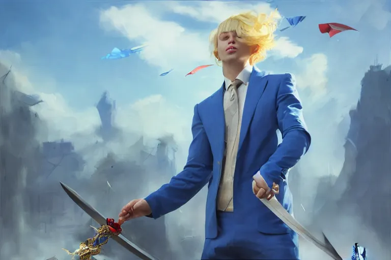 Prompt: a blond man in a blue suit attacked by flying swords, organic painting, sunny day, matte painting, bold shapes, hard edges, street art, trending on artstation, by huang guangjian, gil elvgren, ruan jia, randy vargas, greg rutkowski