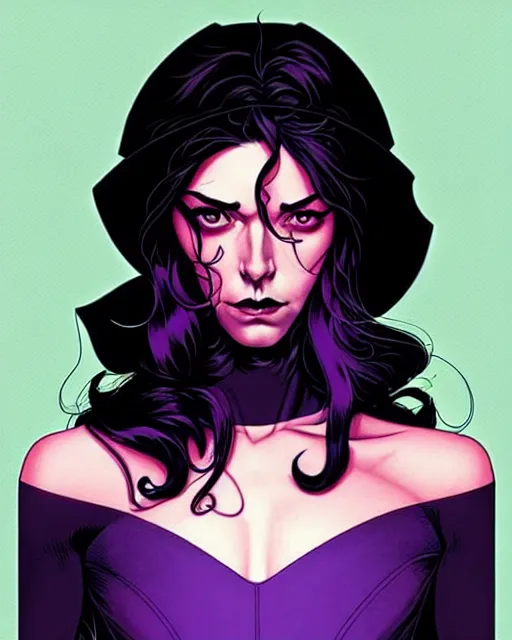 Image similar to Rafael Albuquerque comic cover art, artgerm, Joshua Middleton, pretty Stella Maeve witch, serious look, purple dress, symmetrical eyes, symmetrical face long black hair, full body, dark forest, cool colors