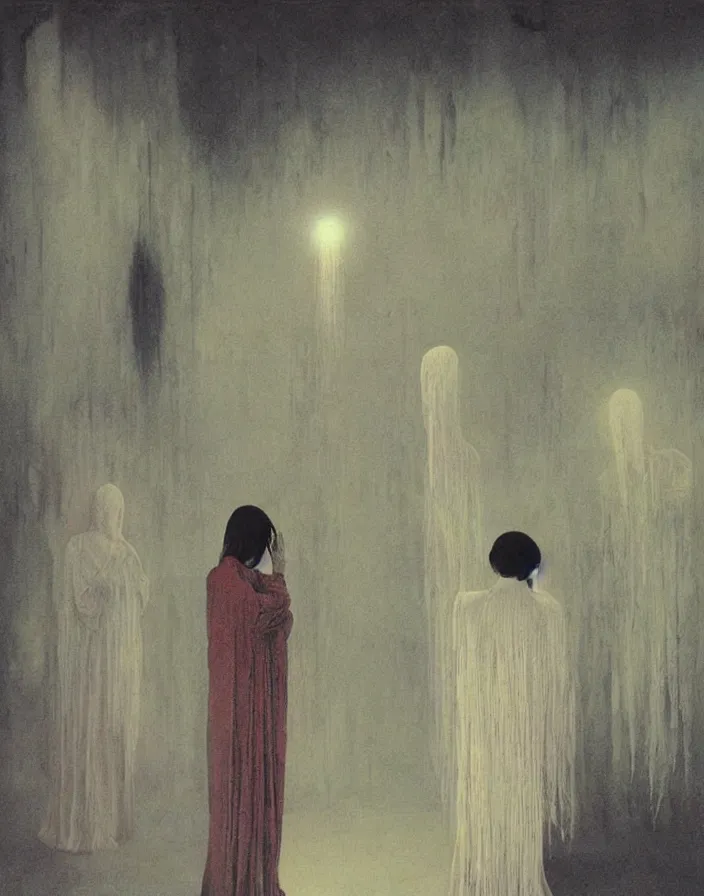 Prompt: a crystal orb radiating white light, worshippers in robes belonging to the cult of the crystal reach out to touch it, interior of a small room, beksinski painting, part by adrian ghenie and gerhard richter. art by takato yamamoto. masterpiece, deep colours