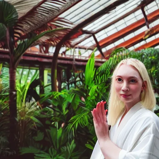 Image similar to close photo portrait of a pale skin woman wearing a white kimono in a tropical greenhouse