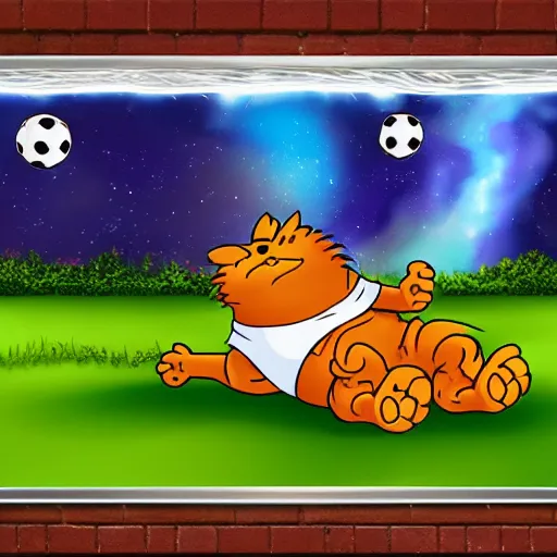 Prompt: garfield play soccer in milky way, 8 k, super detailed