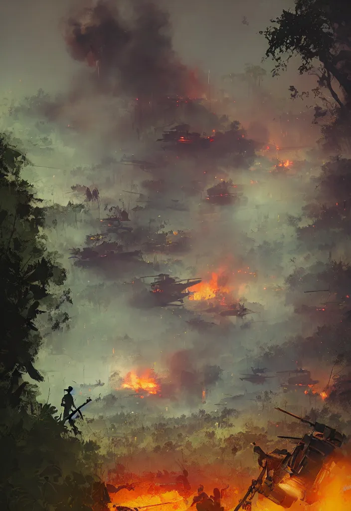 Image similar to ismail inceoglu epic painting of vietnam war, year 1 9 7 0, jungle, fire smoke and explosions, painting, line art, art concept for a book cover, trending on artstation, by greg manchess and by craig mullins and by kilian eng and by jake parker