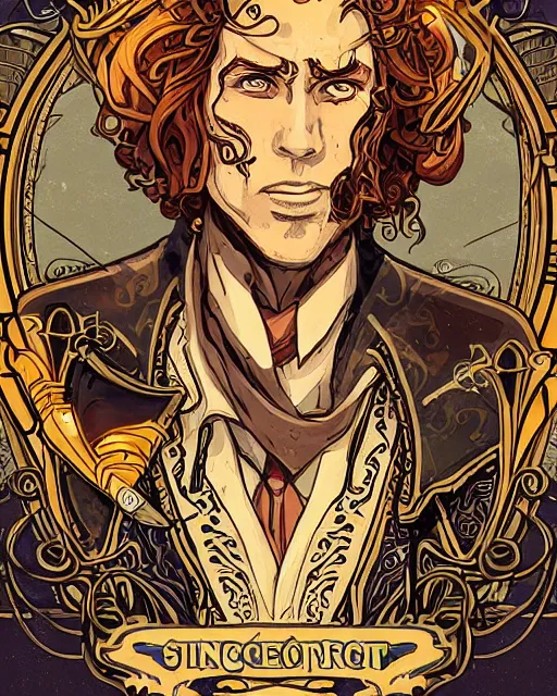 Prompt: a detailed portrait illustration of a steampunk tech - sorcerer. handsome male face, ginger. art nouveau, pop art, comic book style. influenced by neil gaiman, h. p. lovecraft, dan mumford, brian froud, heade, killian eng, ross tran.