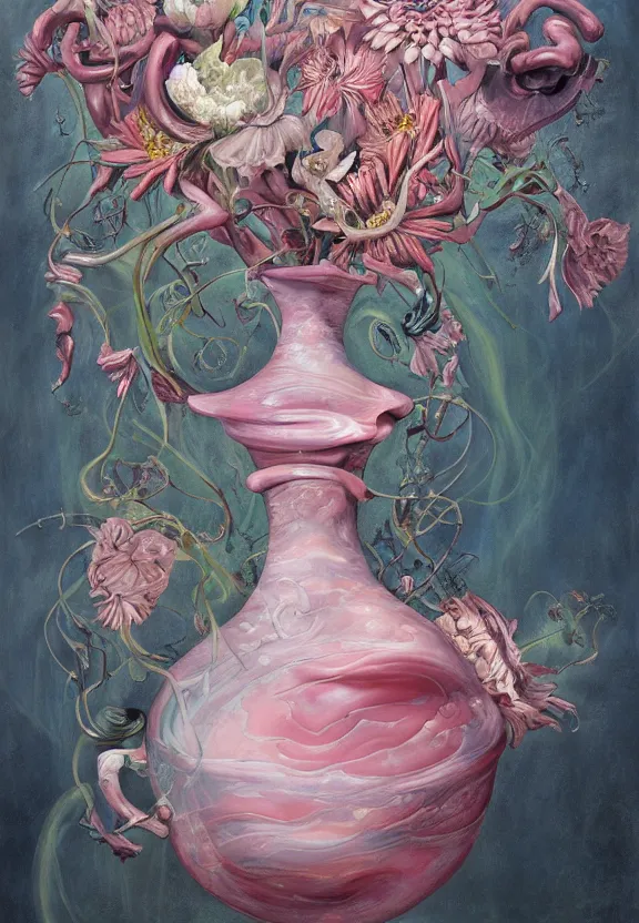 Prompt: a biomorphic painting of a vase with flowers and eyeballs in it, a surrealist painting by Marco Mazzoni, by Dorothea Tanning, pastel blues and pinks, featured on artstation, metaphysical painting, oil on canvas, fluid acrylic pour art, airbrush art, seapunk, rococo, lovecraftian