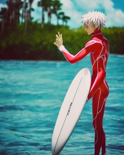 Image similar to dreamy tiktok iPhone photo of beautiful Nagisa Kaworu from evangelion having fun as a surfer in Florida, 35mm, cinematic, trending on Instagram, Asuka as a surfer model, 8k, 4k