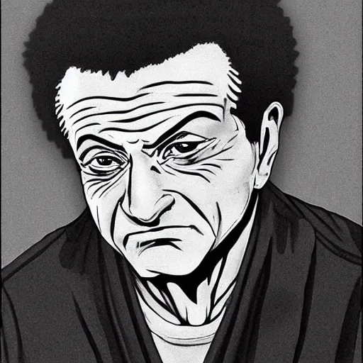 Prompt: Joe Pesci black & white portrait, manga panel, art by Nobuyuki Fukumoto