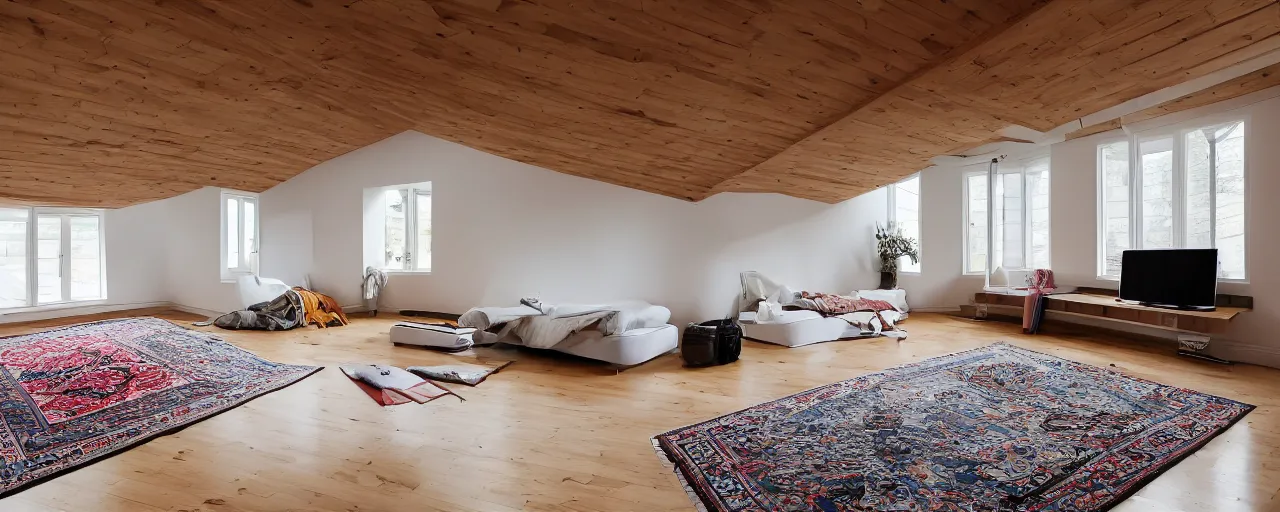 Prompt: 1.7 metre low attic, with matte white angled ceiling, with 2 windows opposing each other, with a large square window in the back right corner of the room, with exquisite turkish and persian rugs on the polished plywood floor, XF IQ4, 150MP, 50mm, F1.4, ISO 200, 1/160s, natural light