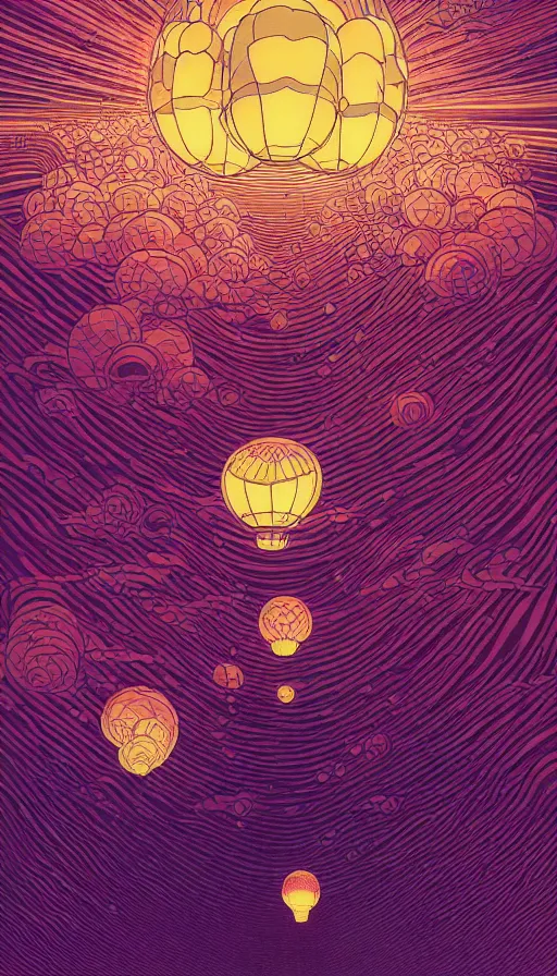 Image similar to million luminous lanterns floating on cosmic cloudscape, futurism, dan mumford, victo ngai, kilian eng, da vinci, josan gonzalez