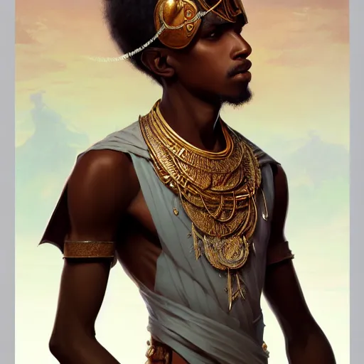 Prompt: illustration of a somali boy, d & d, fantasy, intricate, elegant, highly detailed, digital painting, artstation, concept art, smooth, sharp focus, illustration, art by artgerm and greg rutkowski and alphonse mucha