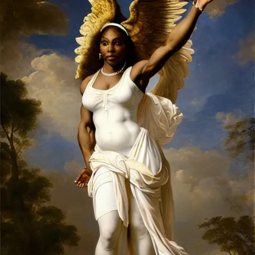 Image similar to Portrait of Serena Williams with wings as Nike Goddess standing proud, large wings, luxuriant, dreamy, eternity, romantic, strong pose, highly detailed, in the style of Franz Xaver Winterhalter, highly detailed, in the style of Aetherpunk