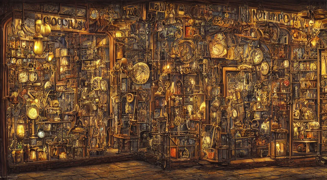 Image similar to steampunk shop window by guido borelli da caluso, darkness, neon lights, photo realistic, completely filled with interesting oddities, things hanging from ceiling, light bulbs, cinematic