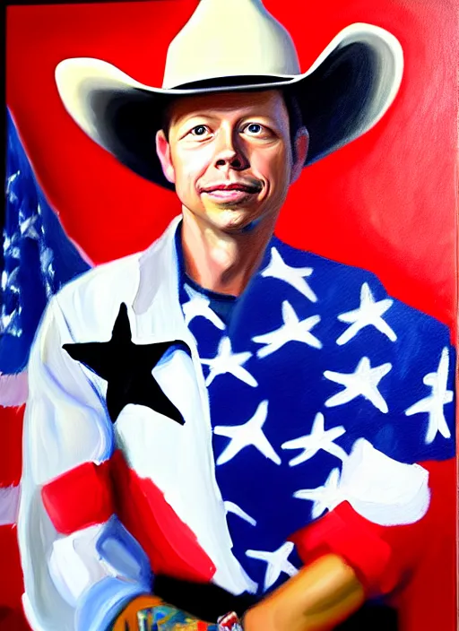 Image similar to oil painting portrait of brock pierce, american flag on background, cowboy style.