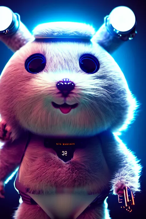 Prompt: high quality 3 d render sci - fi very cute fluffy! wombat!! cyborg with futuristic mechanical parts, cyberpunk monocle!, highly detailed, vray cinematic smooth, in the style of detective pikachu, hannah yata charlie immer, dark blue neon light, low angle, uhd 8 k, sharp focus