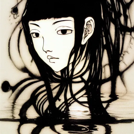 Prompt: prompt: Black and white Fragile looking vessel portrait face drawn by Katsuhiro Otomo, nymph in the water performing alchemy, intricate oil painting, soft light, intricate detail, intricate oil painting detail, sharp high detail, manga and anime 2000