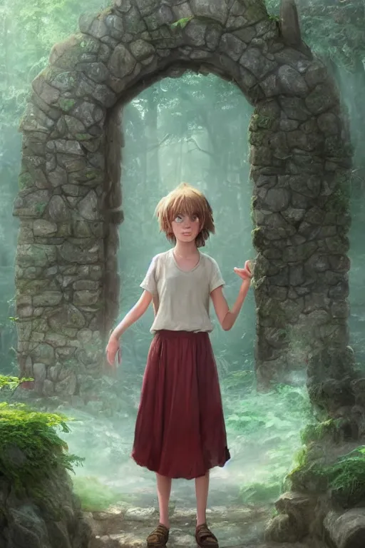 Image similar to a highly detailed matte painting of a teenager with shaggy hair and hip clothes standing in front of a stone gate in the elven forest ruins, by studio ghibli, by artgerm, by wlop, by greg rutkowski, red tones, volumetric lighting, octane render, 4 k resolution, trending on artstation, masterpiece