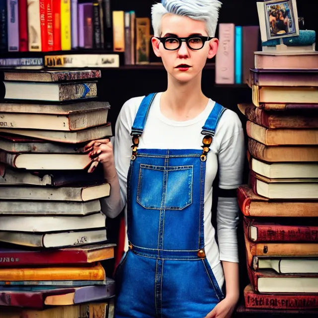 Image similar to full body pose, beautiful adult book fairy, pixar, short white hair shaved sides, dirty, grungy, grunge, long sleeve, painted overalls, stacks of giant books, highly detailed, 4 k, hdr, smooth, sharp focus, high resolution, award - winning photo, artgerm, photorealistic