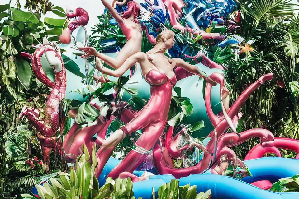 Image similar to an extreme close - up of a statue chrome cyborg lycra nymph battling a giant inflatable flamingo pool float, christmas cactus arnold schwarzenegger and monstera plants, fireworks thick smoke, by jeff koons, hajime soryama, boris vallejo, artgerm, greg rutkowski, alphonse mucha