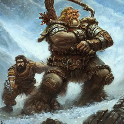 Image similar to Dwarven iron guard fighting a troll. Dnd. Epic painting by james gurney.