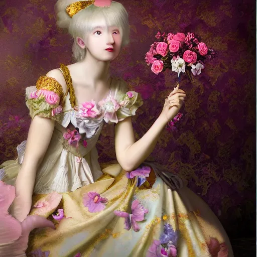 Prompt: 8 k, octane render, realism, tonalism, renaissance, rococo, baroque, portrait of a young - lady wearing long - harajuku manga - dress with flowers! and skulls, background chaotic gold leaf flowers, cotton candy!!