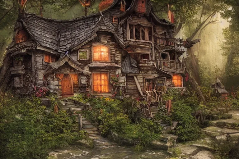 Image similar to a hyperrealistic fantasy illustration of Baba-Yaga's house