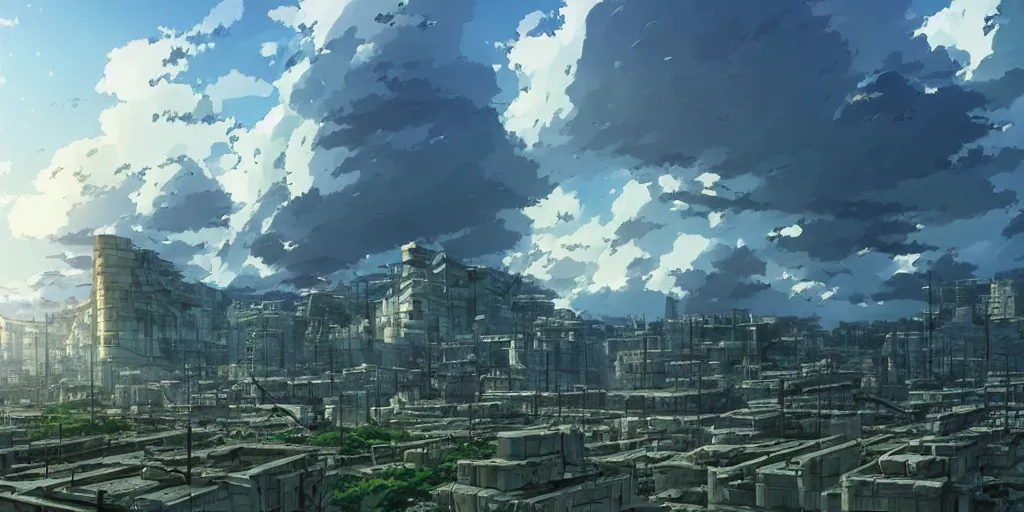 Prompt: realistic building, monster, wide landscape, eva, war, art by makoto shinkai