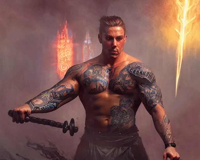 Prompt: handsome tattooed gym bro shaman lightning magic spell vfx, diagonal spell vfx, fantasy game spell, fantasy epic digital art, by greg rutkowski, gaston bussiere, craig mullins, j. c. leyendecker, tom of finland