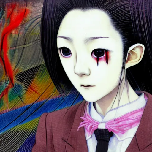 Image similar to yoshitaka amano blurred and dreamy three quarter angle portrait of a young woman with white hair and black eyes wearing dress suit with tie, playstation 2 horror game, junji ito abstract patterns in the background, satoshi kon anime, chungking express color palette, noisy film grain effect, highly detailed, renaissance oil painting, weird portrait angle, blurred lost edges