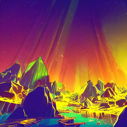 Image similar to a diamond mine, lots of diamonds unearthed, a lights is being reflected all around the dark cave mine, luminous Color’s, synthwave style, concept art.