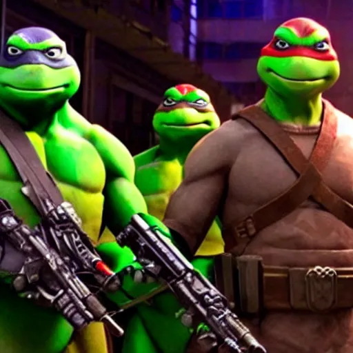 Image similar to a still of from the movie teenage mutant ninja turtles 2 : the secret of the ooze crossover with the game gears of war