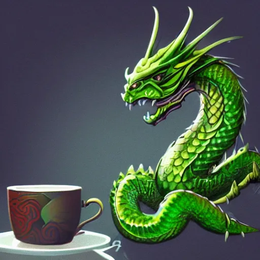 Image similar to a green dragon drinking a cup of tea, intricate concept art, artstation