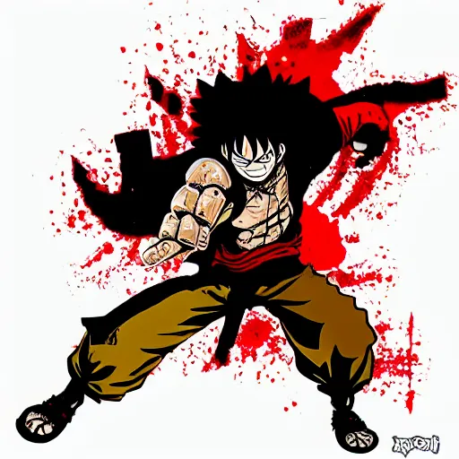 Image similar to die cut sticker, luffy gear 4, splatter paint on paper