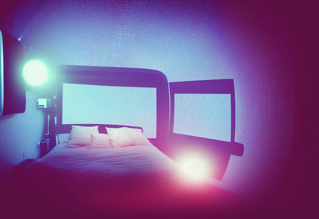 Image similar to 3 d dreams popping out of curved movie screen, volumetric lighting, bedroom, visor, sleeping, pair of keycards on table, bokeh, creterion collection, shot on 7 0 mm, instax